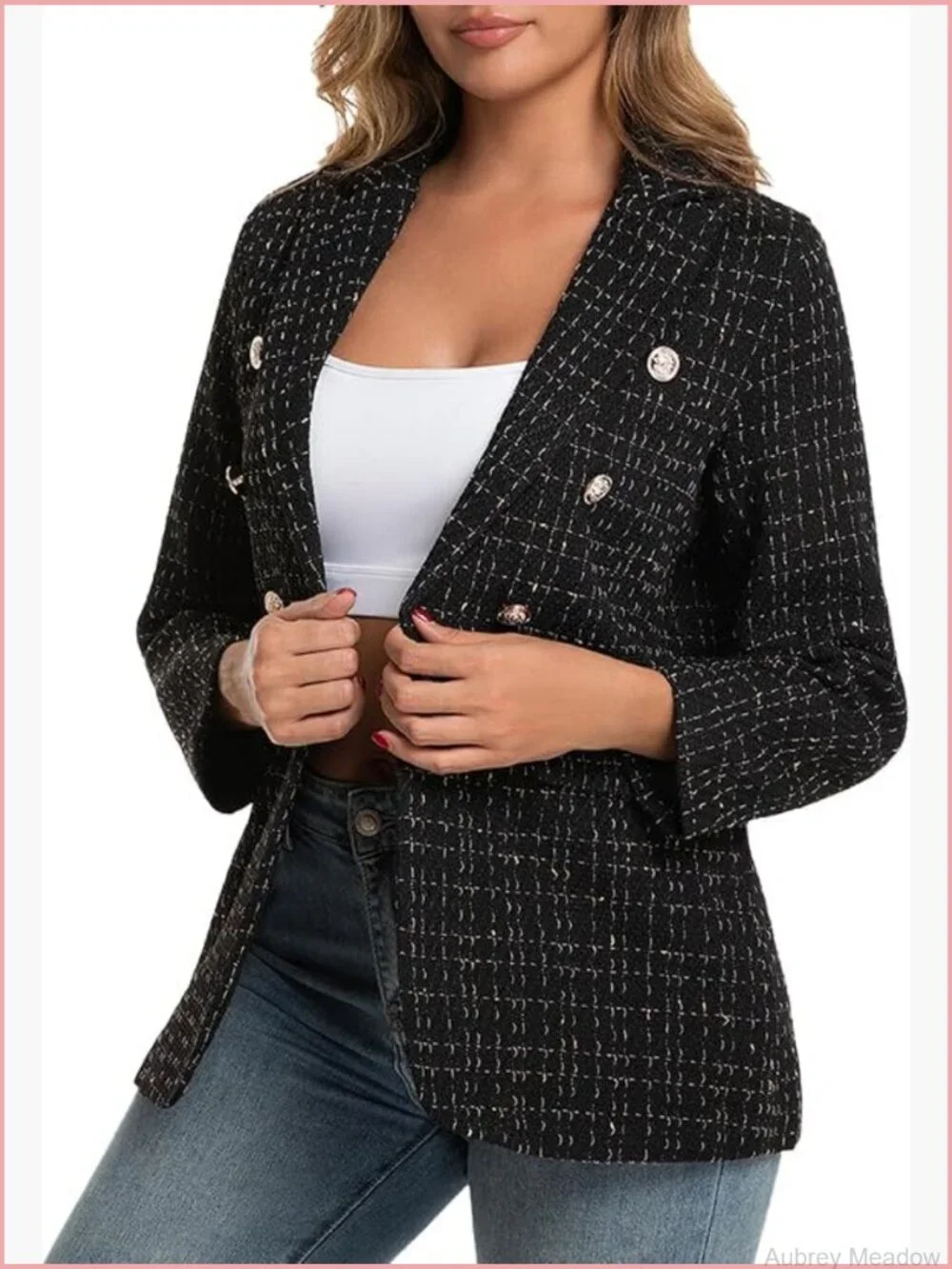 Women's Tweed Plaid Blazer Business Casual Notch Collar Long Sleeve